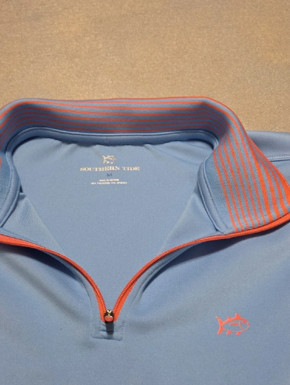 Southern Tide Men's Light Blue Quarter-Zip Sweater with Coral Accent